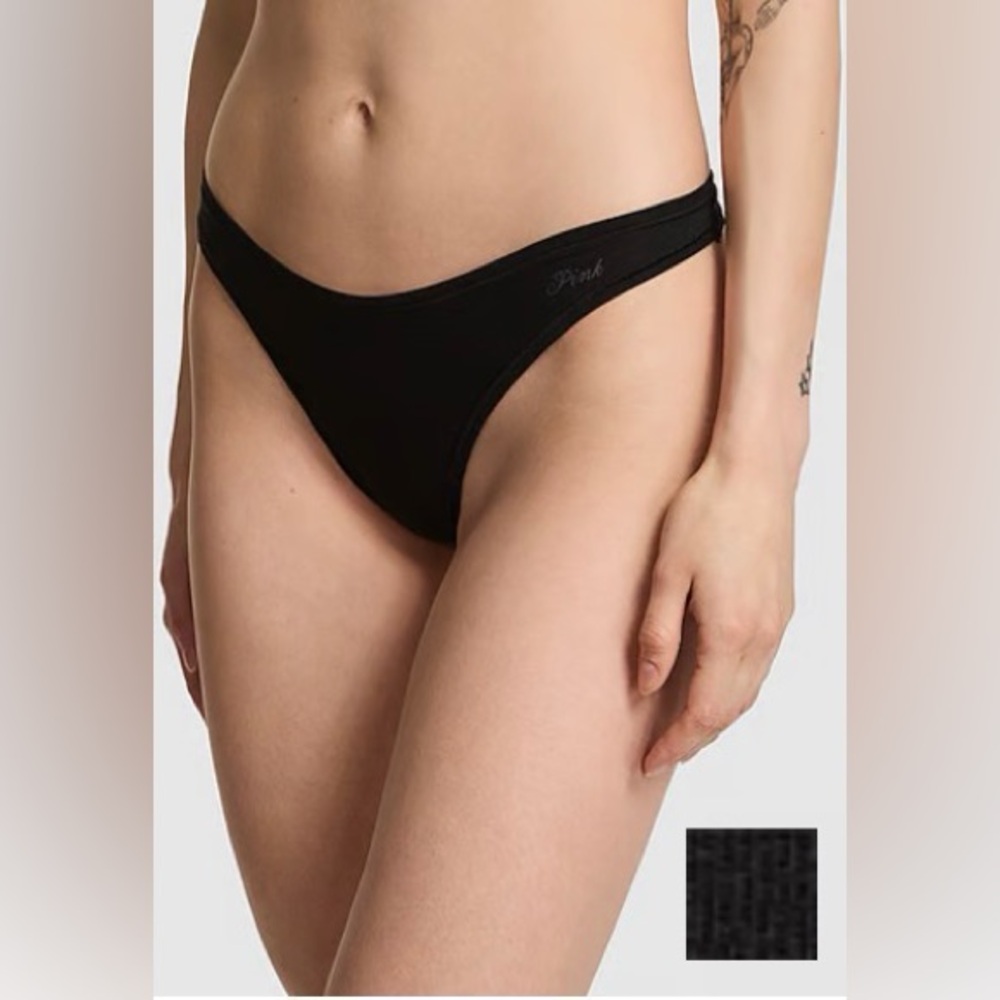 NWT Victoria’s Secret PINK Cotton High Leg Thong Panty, Pure Black, Size Large